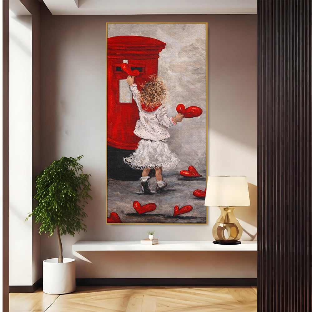 Tablou canvas cu pictura cu fetita si cutie postala, in rama de aluminiu auriu